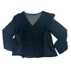 Zara Womens Blouse Top Size XS Black Dotted Ruffled Long Sleeve Lightweight